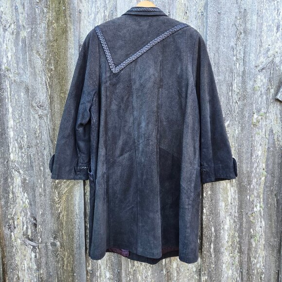 Vintage Black Leather Trench Coat jacket Womens Size L Braided Trim Mid Length - Picture 8 of 14